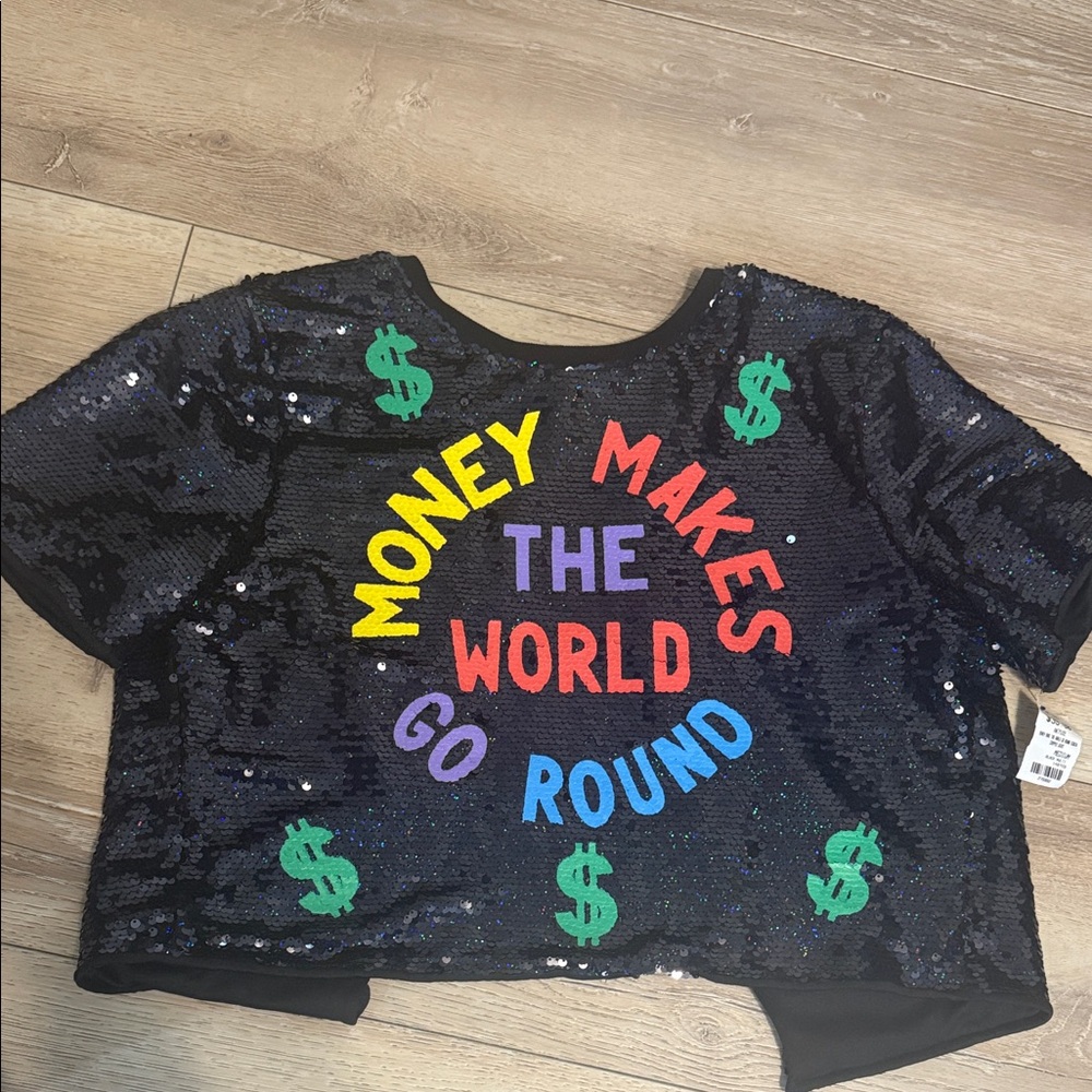 AKIRA Black Sequin Crop Top with Colorful Text